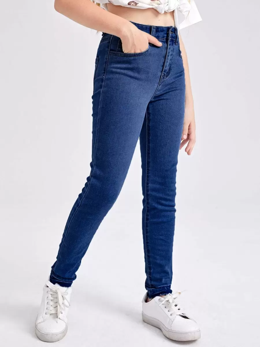 SHEIN Tween Girls All-Match Casual Everyday Minimalist Collegiate Style Adjustable Elastic Waistband High Stretch Skinny Jeans With 5 Pockets, Snap Detail, Versatile All-Year-Round Fashion Essential Summer Holiday