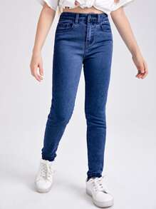 SHEIN Tween Girls All-Match Casual Everyday Minimalist Collegiate Style Adjustable Elastic Waistband High Stretch Skinny Jeans With 5 Pockets, Snap Detail, Versatile All-Year-Round Fashion Essential Summer Holiday
