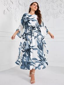 Mulvari Plus Tropical Print Batwing Sleeve Belted Dress - Dusty Blue - View 3
