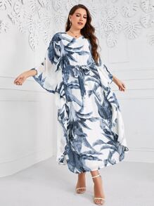 Mulvari Plus Tropical Print Batwing Sleeve Belted Dress - Dusty Blue - View 4