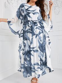 Mulvari Plus Tropical Print Batwing Sleeve Belted Dress - Dusty Blue - View 6