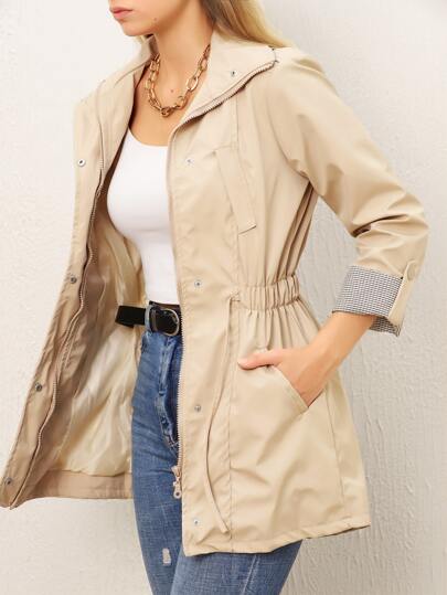 EURMUSE Roll Up Sleeve Drawstring Waist Snap Button Front Coat