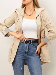 EURMUSE Roll Up Sleeve Drawstring Waist Snap Button Front Coat - Khaki - View 4