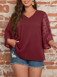 SHEIN LUNE 大碼拼接圓點襯衫 - 酒紅色 - 查看 1
