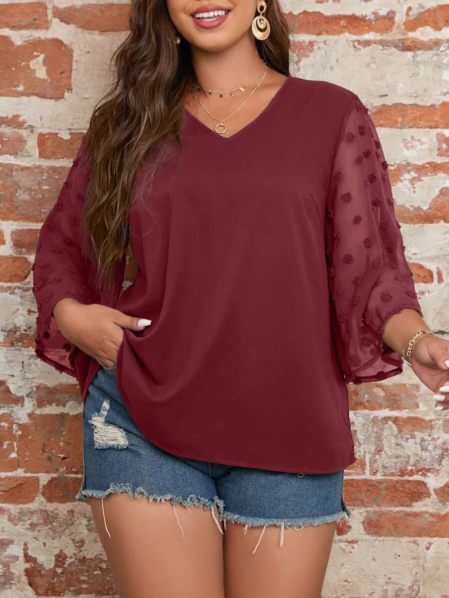 SHEIN LUNE 大碼拼接圓點襯衫 - 酒紅色 - 查看 1