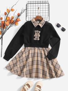 SHEIN 青少女熊和格紋印花下擺寬鬆套頭衫和無袖連衣裙 - 彩色 - 查看 5
