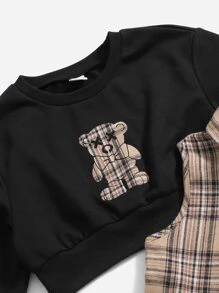 SHEIN 青少女熊和格紋印花下擺寬鬆套頭衫和無袖連衣裙 - 彩色 - 查看 4