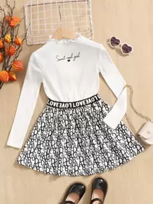 SHEIN Bộ hai mảnh Gái Xù nhỏ Gân đan Ruy băng Tim Lá thư Giải trí - Đen và trắng - Xem 1
