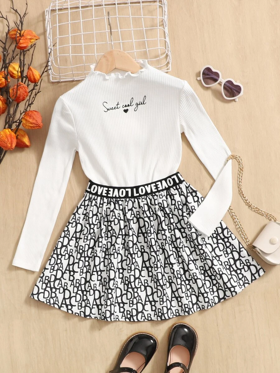 SHEIN Bộ hai mảnh Gái Xù nhỏ Gân đan Ruy băng Tim Lá thư Giải trí - Đen và trắng - Xem 1