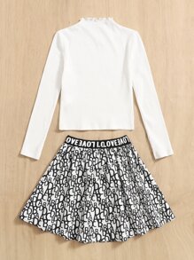 SHEIN Bộ hai mảnh Gái Xù nhỏ Gân đan Ruy băng Tim Lá thư Giải trí - Đen và trắng - Xem 2