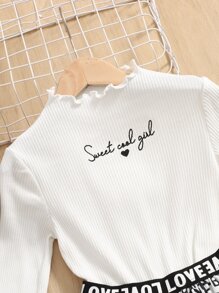 SHEIN Bộ hai mảnh Gái Xù nhỏ Gân đan Ruy băng Tim Lá thư Giải trí - Đen và trắng - Xem 3
