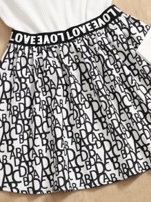 SHEIN Bộ hai mảnh Gái Xù nhỏ Gân đan Ruy băng Tim Lá thư Giải trí - Đen và trắng - Xem 4