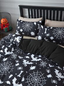 Halloween Pattern Duvet Cover Set Without Filler - Black and White - View 7