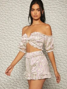 小碎花褶邊緞面露肩上衣和短褲套裝 - 米色 - 查看 3