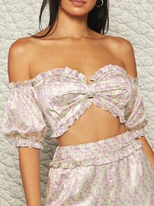 小碎花褶邊緞面露肩上衣和短褲套裝 - 米色 - 查看 4