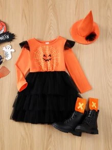 Toddler Girls 1pc Halloween Print Ruffle Trim Mesh Hem Dress - Multicolor - View 1