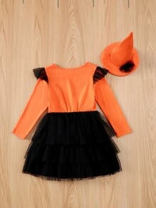 Toddler Girls 1pc Halloween Print Ruffle Trim Mesh Hem Dress - Multicolor - View 2