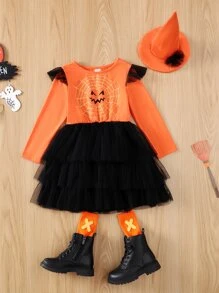 Toddler Girls 1pc Halloween Print Ruffle Trim Mesh Hem Dress - Multicolor - View 3