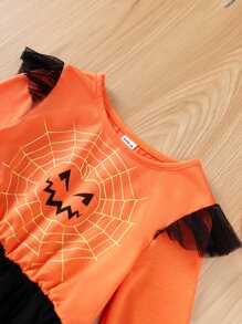 Toddler Girls 1pc Halloween Print Ruffle Trim Mesh Hem Dress - Multicolor - View 4