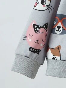 Toddler Girls Cartoon Cat Print Sweatshirt - Grey - View 6