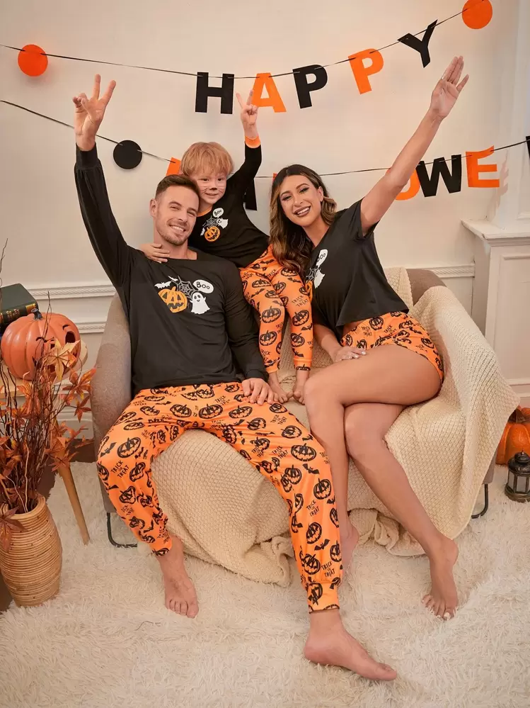 Pigiama Bambino Halloween 2 Pezzi | Maniche Lunghe Con Stampa Zucca In Raso