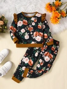 Toddler Girls Floral Print Ruffle Trim Sweatshirt & Sweatpants - Multicolor - View 1