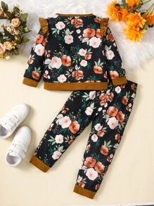 Toddler Girls Floral Print Ruffle Trim Sweatshirt & Sweatpants - Multicolor - View 2