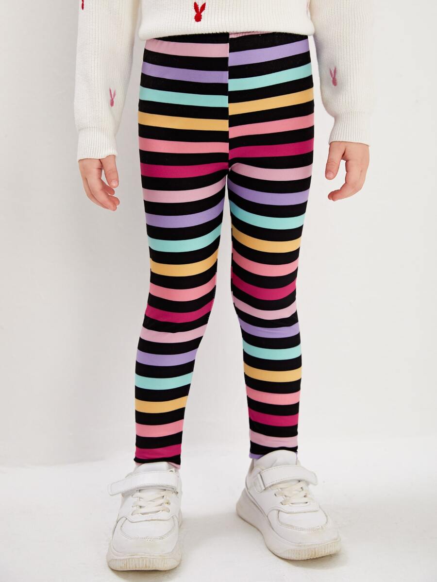 SHEIN Quần legging dệt kim in sọc đầy màu sắc hợp thời trang thoải mái cho bé gái - Nhiều màu - Xem 1