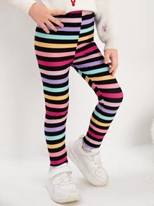 SHEIN Quần legging dệt kim in sọc đầy màu sắc hợp thời trang thoải mái cho bé gái - Nhiều màu - Xem 5