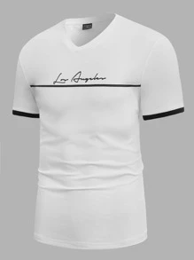 Manfinity VCAY Áo Phông Nam Cổ Chữ V Tay Ngắn Khẩu Hiệu TEE Đơn Giản Thoáng Mát Mùa Hè - trắng - Xem 3