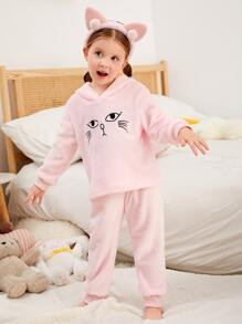 Toddler Girls Cartoon Embroidery Hooded Flannel PJ Set - Baby Pink - View 1