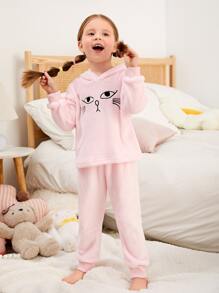 Toddler Girls Cartoon Embroidery Hooded Flannel PJ Set - Baby Pink - View 4