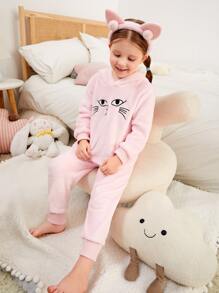 Toddler Girls Cartoon Embroidery Hooded Flannel PJ Set - Baby Pink - View 5