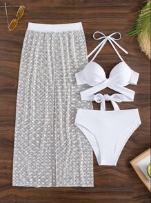 Swim Lushoire 夏日沙灘包裝交叉系背推擠式比基尼套裝，附沙灘裙 - 白色 - 查看 7