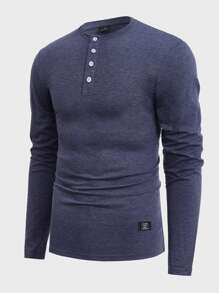 Manfinity Hombres Top con diseño de parche con botón tapeta media - Azul Marino - Ver 4