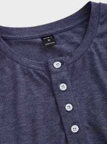 Manfinity Hombres Top con diseño de parche con botón tapeta media - Azul Marino - Ver 3