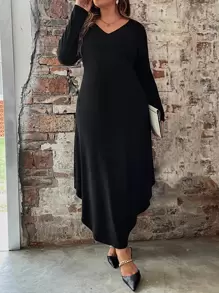 SHEIN LUNE Đầm Plus Size Bất đối xứng màu trơn Cơ bản - màu đen - Xem 1