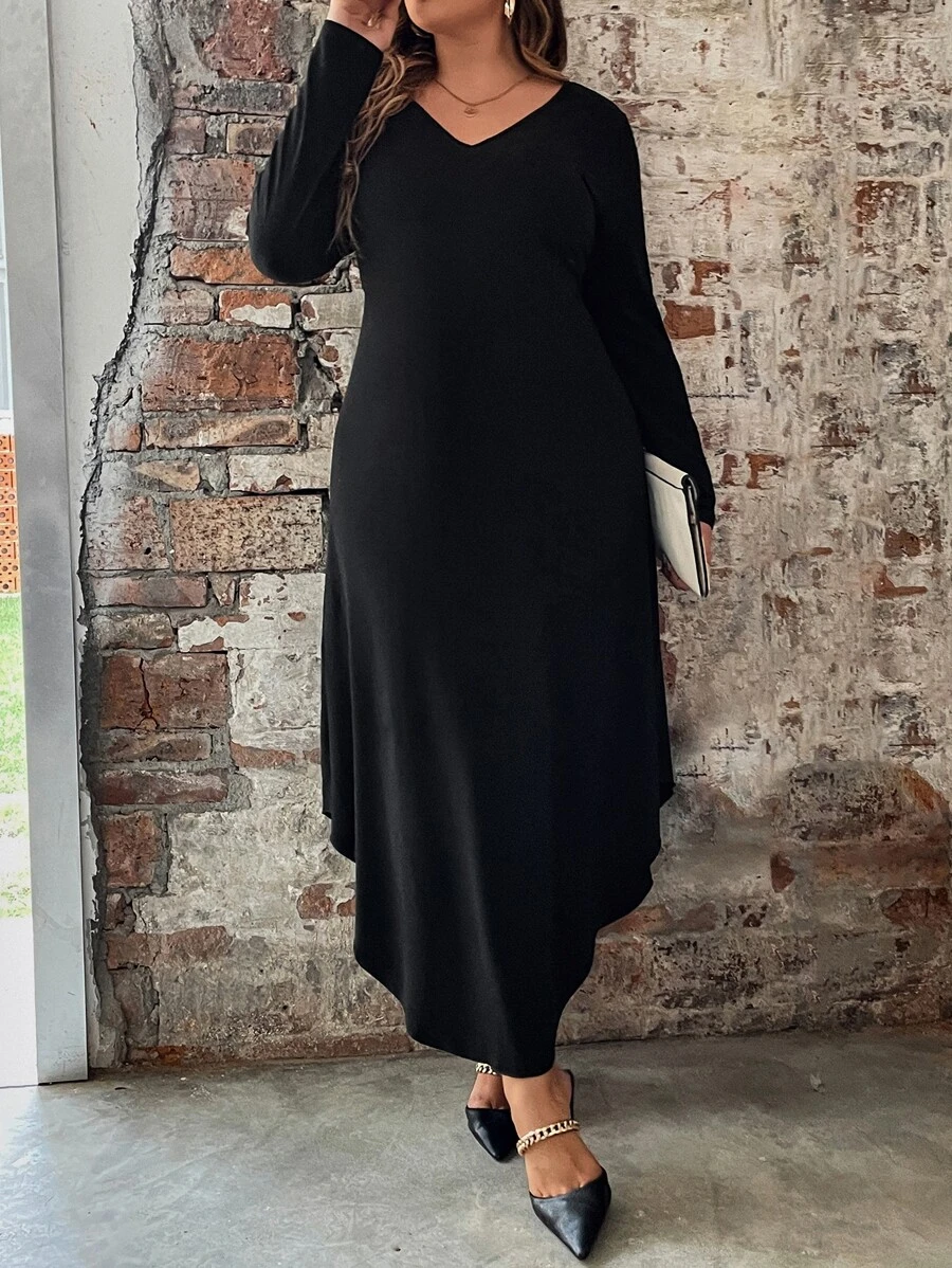 SHEIN LUNE Đầm Plus Size Bất đối xứng màu trơn Cơ bản - màu đen - Xem 1