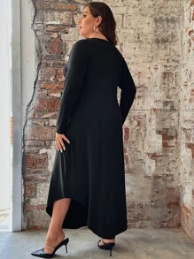 SHEIN LUNE Đầm Plus Size Bất đối xứng màu trơn Cơ bản - màu đen - Xem 2