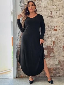 SHEIN LUNE Đầm Plus Size Bất đối xứng màu trơn Cơ bản - màu đen - Xem 3