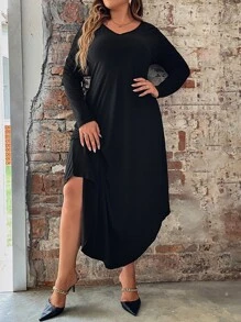 SHEIN LUNE Đầm Plus Size Bất đối xứng màu trơn Cơ bản - màu đen - Xem 5