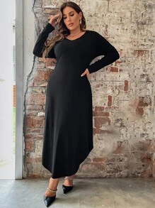 SHEIN LUNE Đầm Plus Size Bất đối xứng màu trơn Cơ bản - màu đen - Xem 6