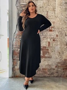SHEIN LUNE Đầm Plus Size Bất đối xứng màu trơn Cơ bản - màu đen - Xem 7