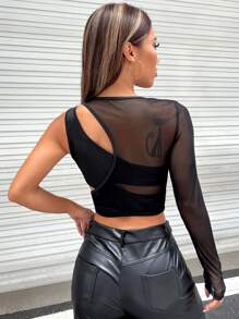 SHEIN Privé Cut Out Mesh Crop Top - Black - View 2