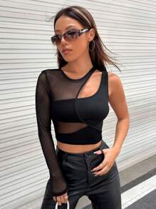 SHEIN Privé Cut Out Mesh Crop Top - Black - View 4