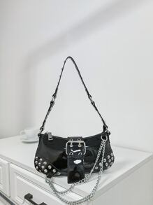 Túi đeo chéo đính đinh tán và dây xích chống thấm nước, nhẹ, phong cách công sở dành cho nữ sinh viên đại học, tân binh và nhân viên văn phòng, hoàn hảo cho văn phòng, đại học, công việc, kinh doanh, đi làm, ngoài trời, du lịch, đi chơi, thiết kế thời trang, phong cách Steampunk, Goth, túi xách dành cho nữ, trang phục dạo phố sành điệu, hoàn hảo cho lễ hội âm nhạc, buổi hòa nhạc - màu đen - Xem 3
