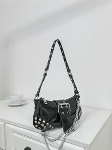 Túi đeo chéo đính đinh tán và dây xích chống thấm nước, nhẹ, phong cách công sở dành cho nữ sinh viên đại học, tân binh và nhân viên văn phòng, hoàn hảo cho văn phòng, đại học, công việc, kinh doanh, đi làm, ngoài trời, du lịch, đi chơi, thiết kế thời trang, phong cách Steampunk, Goth, túi xách dành cho nữ, trang phục dạo phố sành điệu, hoàn hảo cho lễ hội âm nhạc, buổi hòa nhạc - màu đen - Xem 4