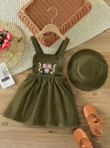 小女童花卉刺繡燈芯絨背帶洋裝