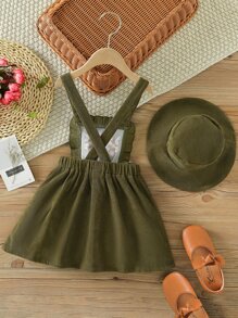 小女童花卉刺繡燈芯絨背帶洋裝