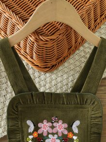 小女童花卉刺繡燈芯絨背帶洋裝